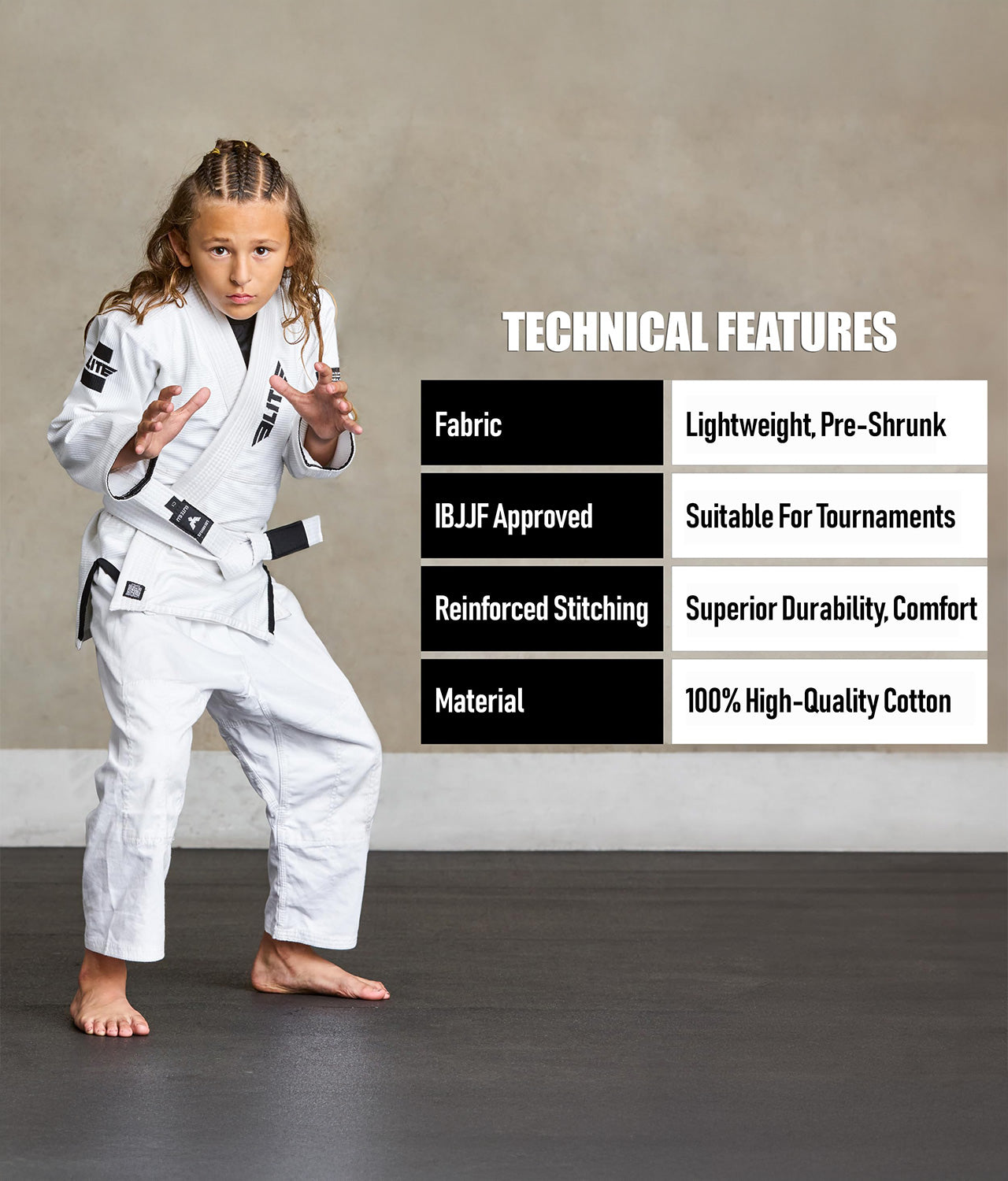 elite sports kids white bjj belt technical features