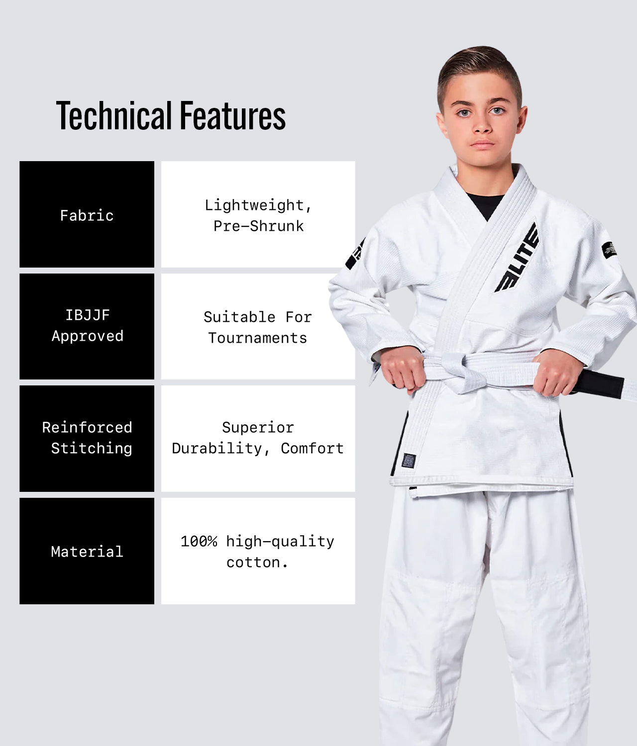 Elite Sports Kids' Jiu Jitsu BJJ White Belt Technical Features