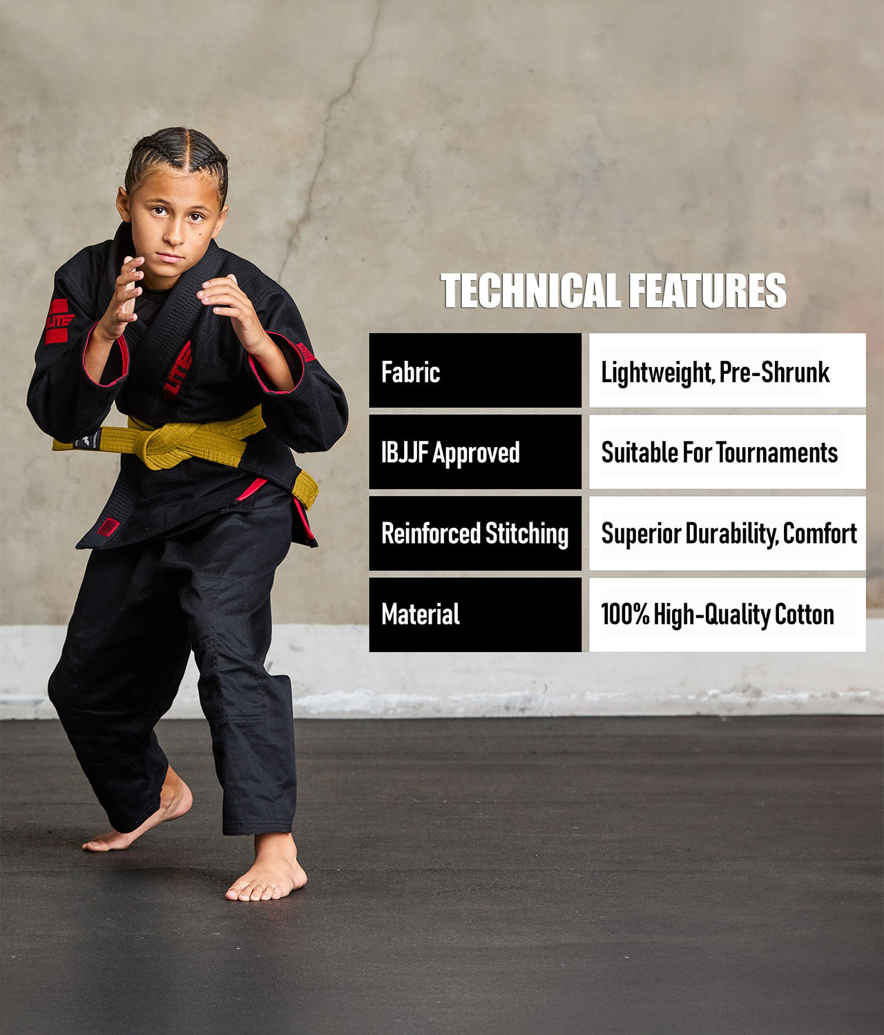 elite sports kids yellow bjj belt technical features