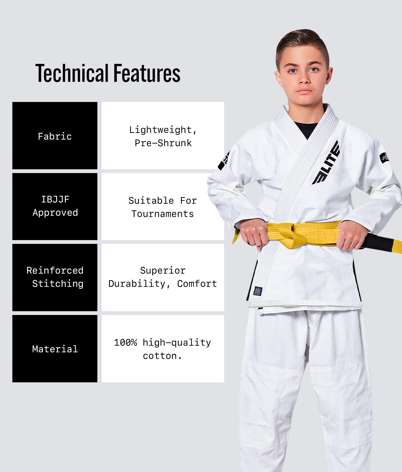 Elite Sports Kids' Jiu Jitsu BJJ Yellow Belt Technical Features