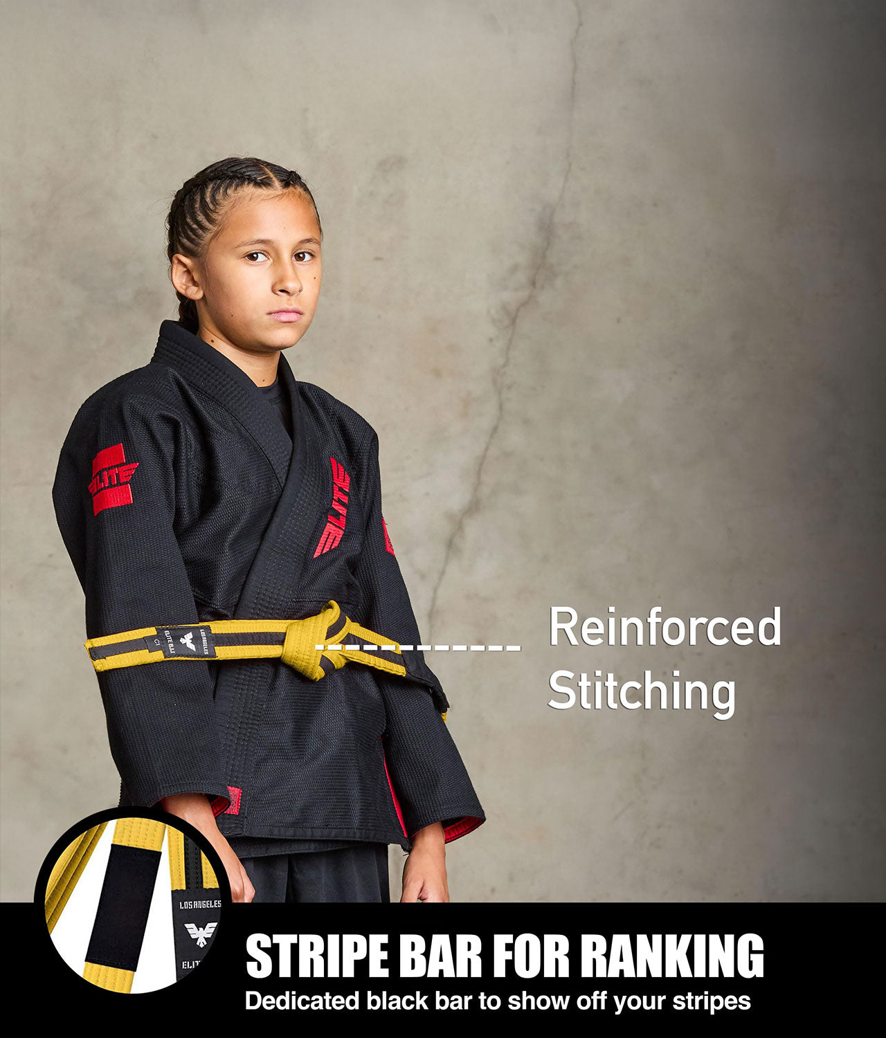 elite sports kids yellow/black bjj belt with stripe bar for ranking