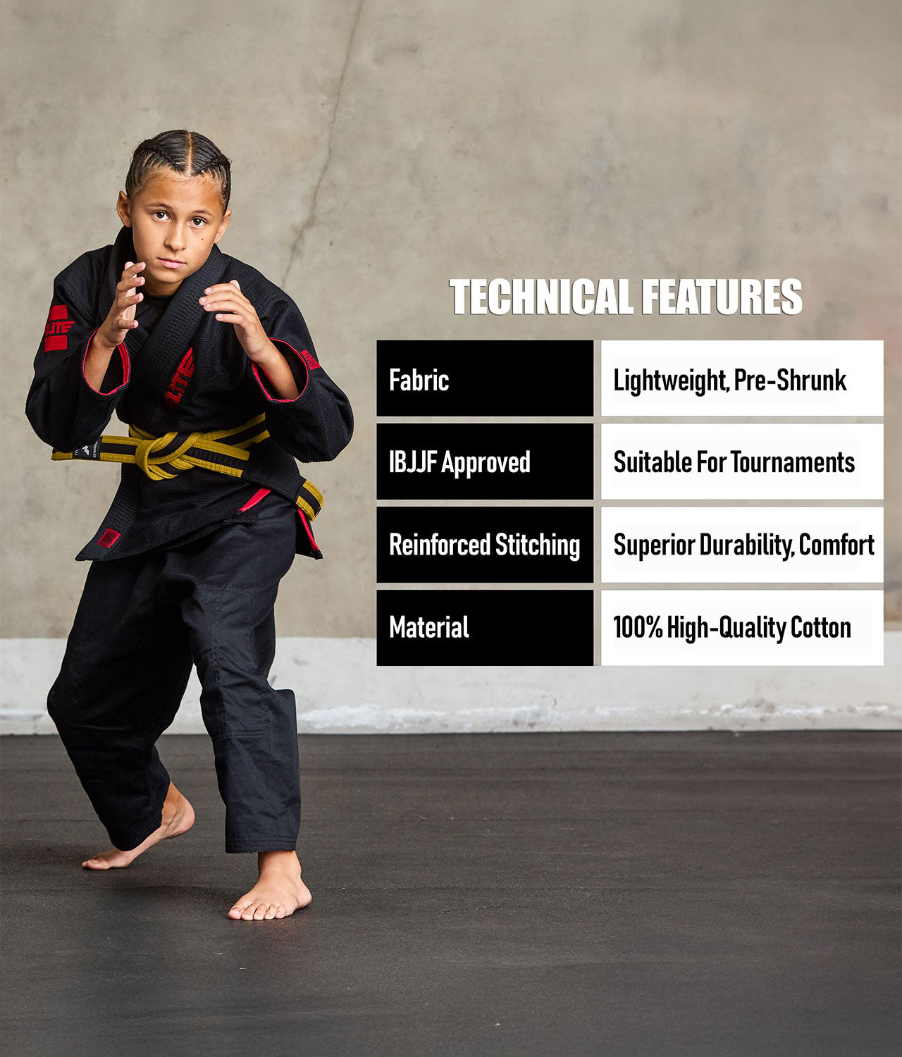 elite sports kids yellow/black bjj belt technical features