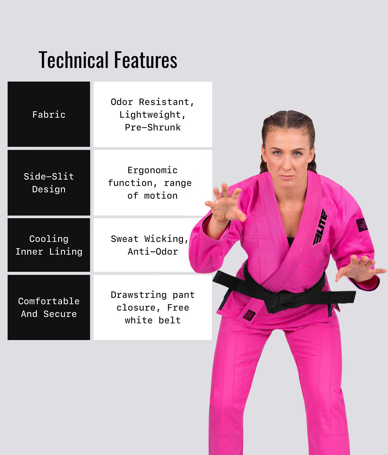 Elite Sports Women's Core Pink Brazilian Jiu Jitsu BJJ Gi Technical Feature