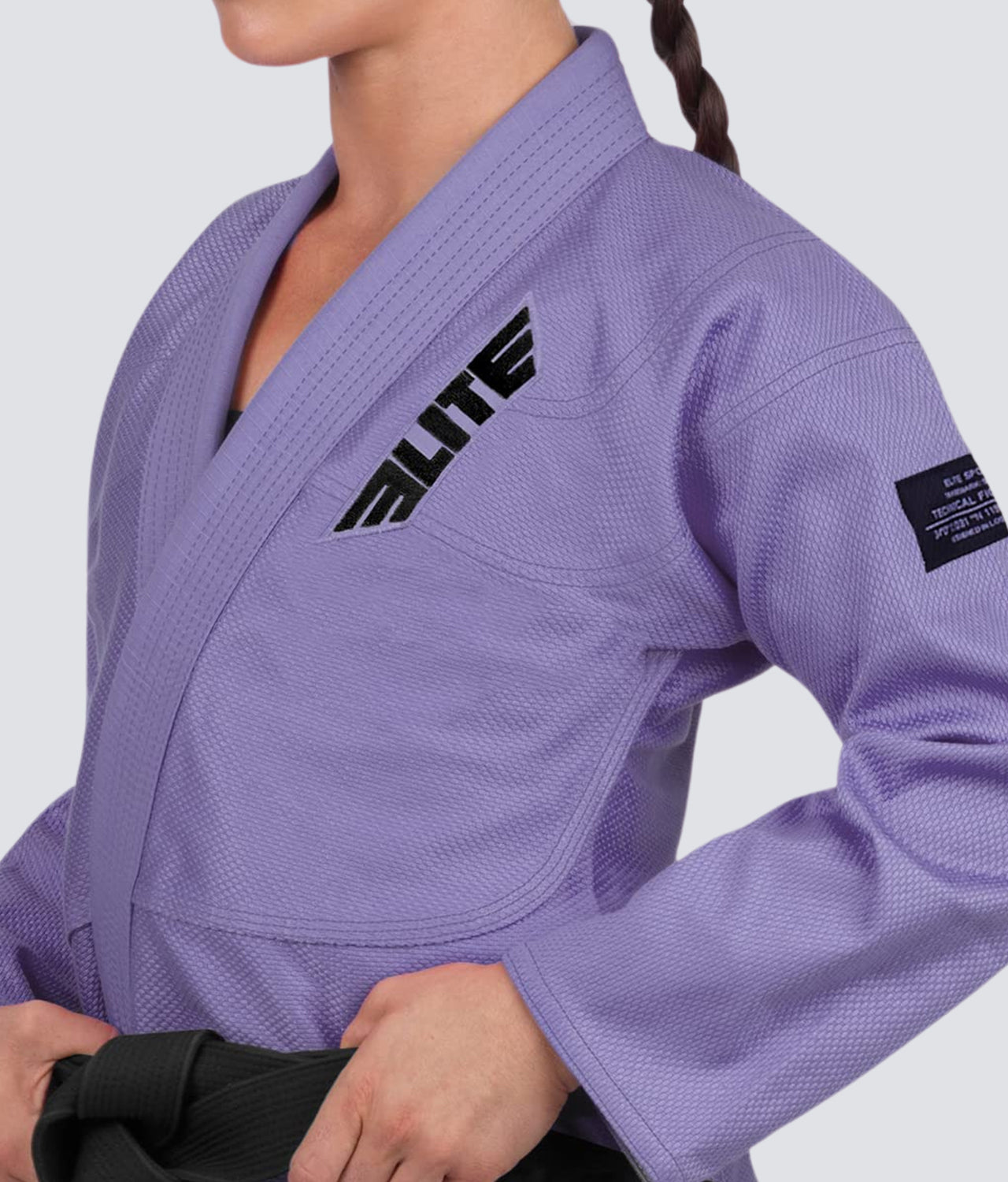 Elite Sports Women's Core Purple Brazilian Jiu Jitsu BJJ Gi Closeup View