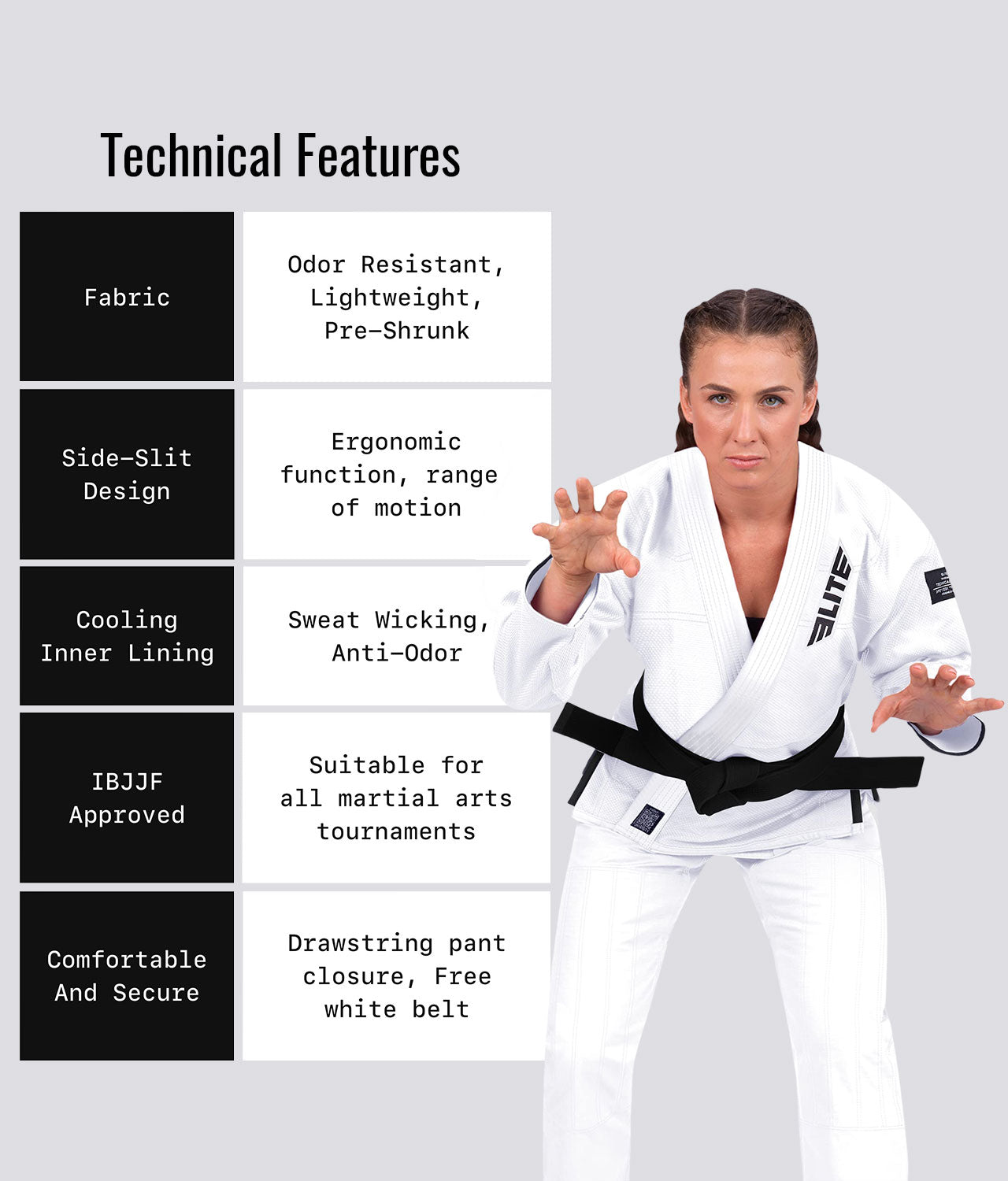 Elite Sports Women's Core White Brazilian Jiu Jitsu BJJ Gi Technical Feature