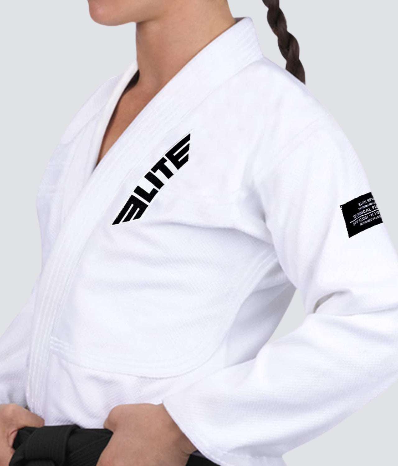 Elite Sports Women's Core White Brazilian Jiu Jitsu BJJ Gi Closeup View