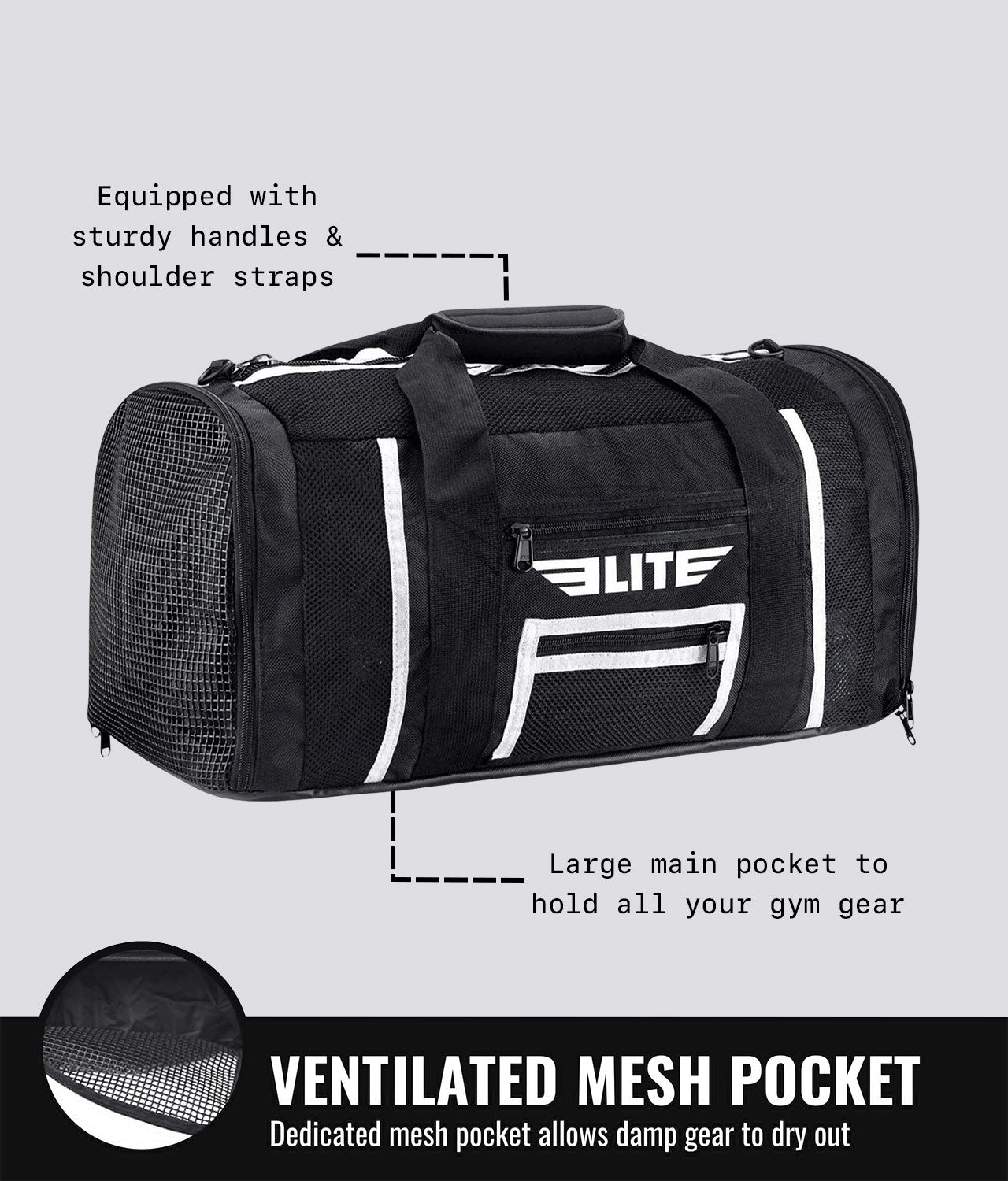 Elite Sports Mesh Black Large Brazilian Jiu Jitsu BJJ Gear Gym Bag Ventilated Mesh Pocket