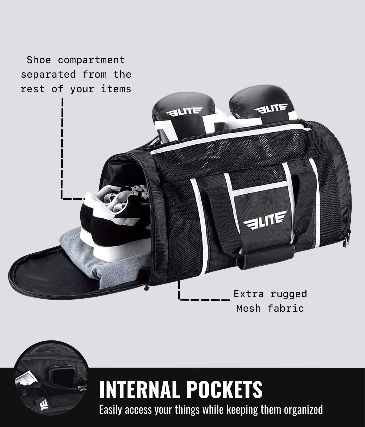 Elite Sports Mesh Black Large Brazilian Jiu Jitsu BJJ Gear Gym Bag Internal Pockets