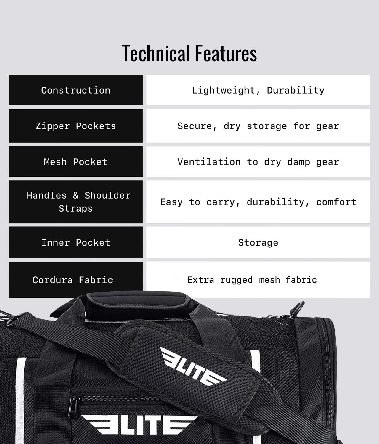 Elite Sports Mesh Black Large Brazilian Jiu Jitsu BJJ Gear Gym Bag  Technical Features