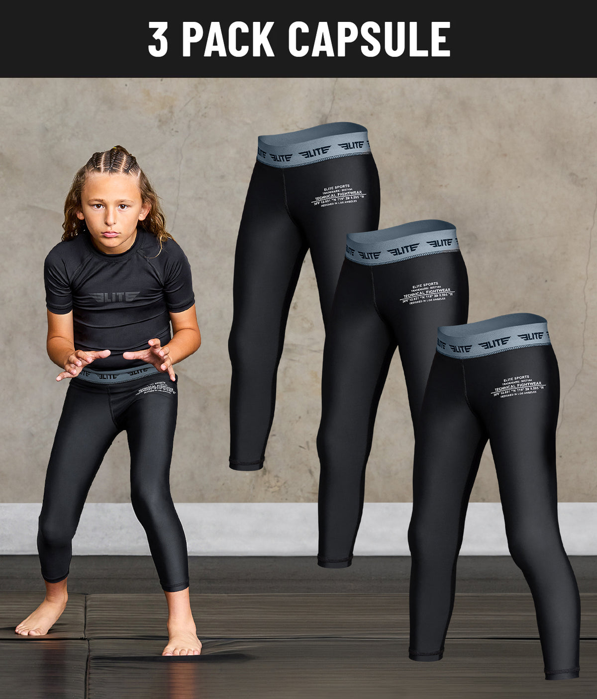 Pack of 3 - Kids' Plain Black Compression No-Gi Bjj Spats