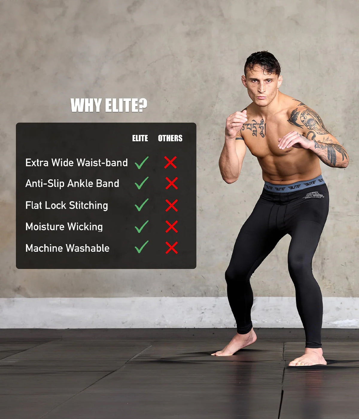 elite sports black no-gi mens jiu jitsu spats features