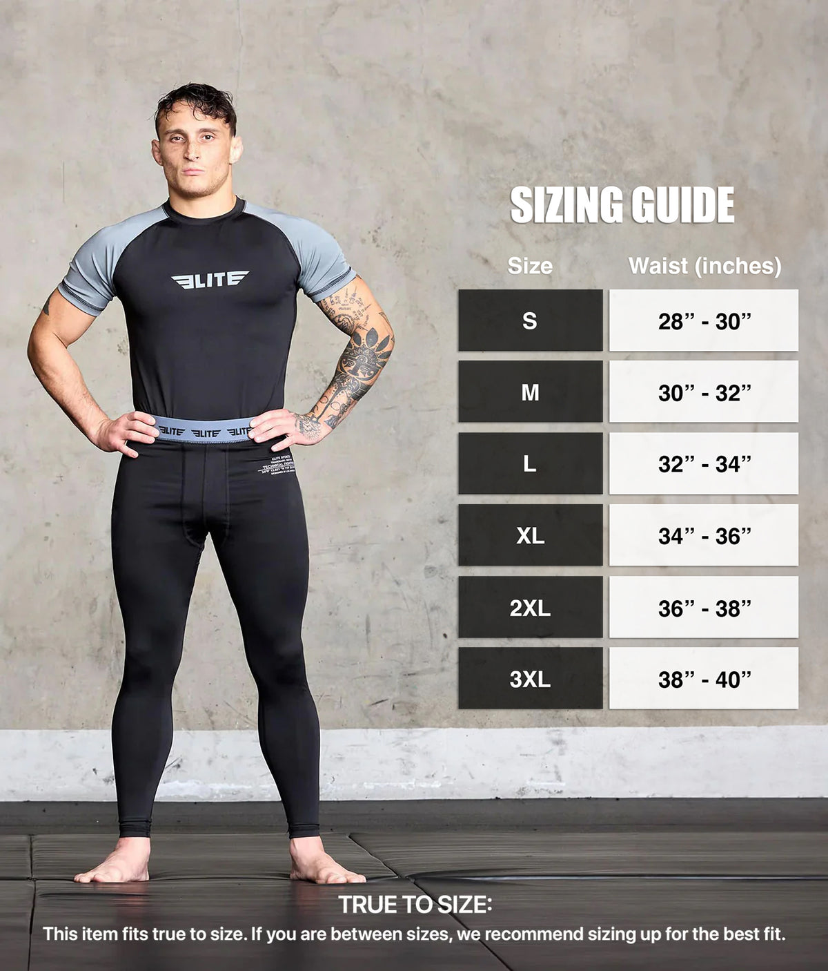 Person wearing black athletic wear with a sizing chart on a gray background
