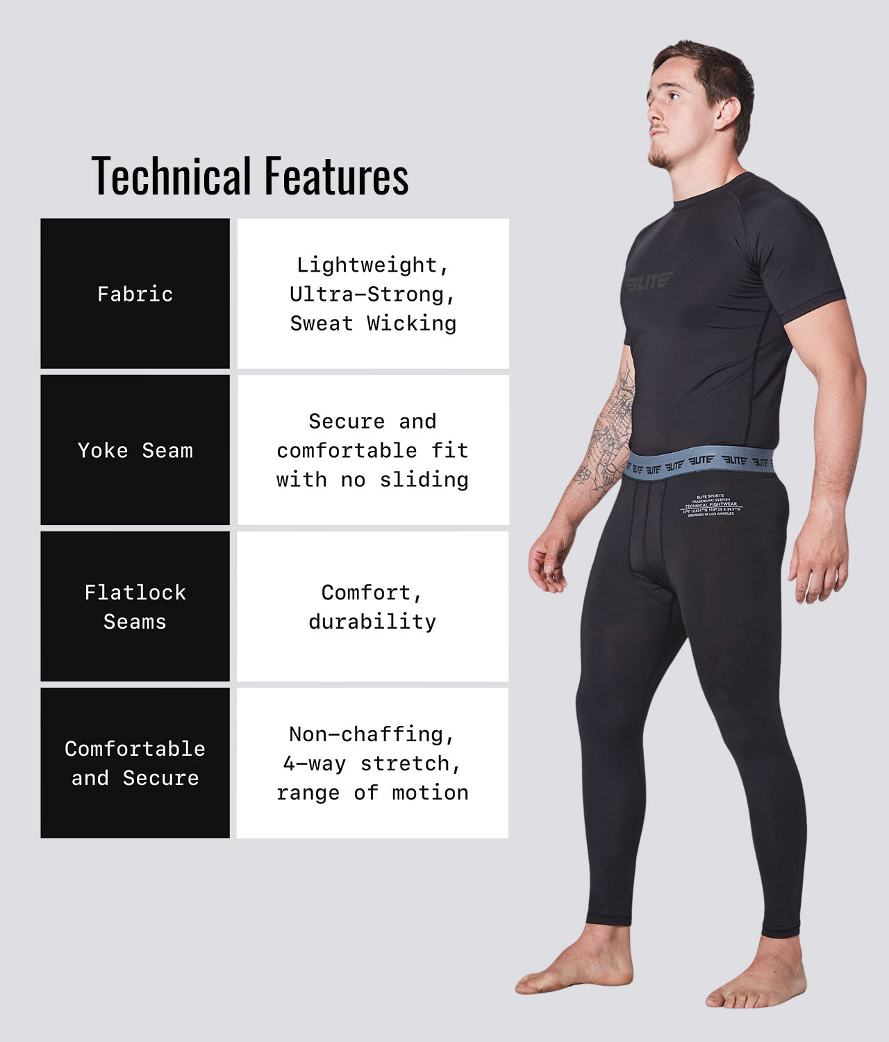 Elite Sports Men's Plain Black Compression Jiu Jitsu BJJ Spat Pants Technical Feature