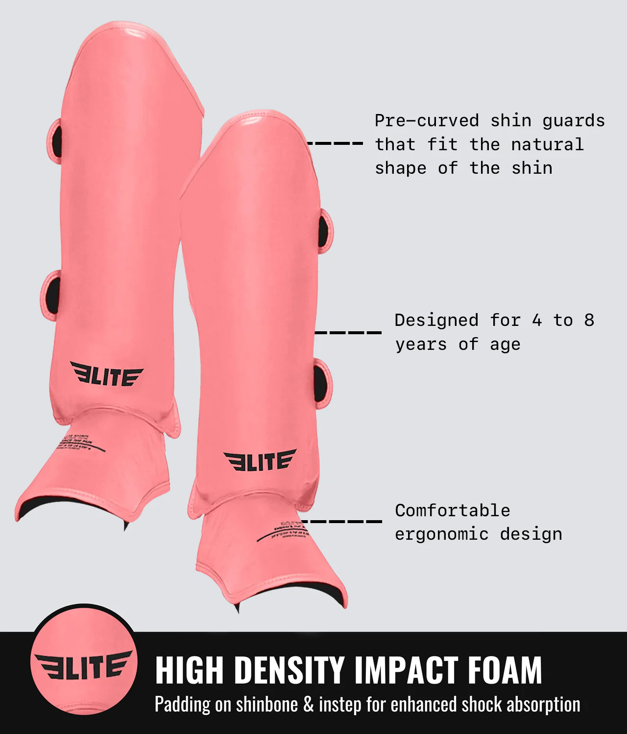Elite Sports Kids' Plain Pink Boxing Shin Guard : 7 to 10 Years High Density Impact Foam