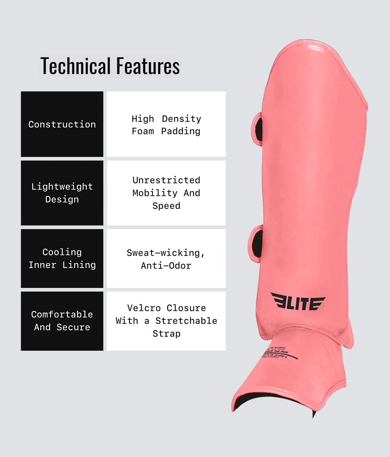 Elite Sports Kids' Plain Pink Boxing Shin Guard : 7 to 10 Years Technical Features