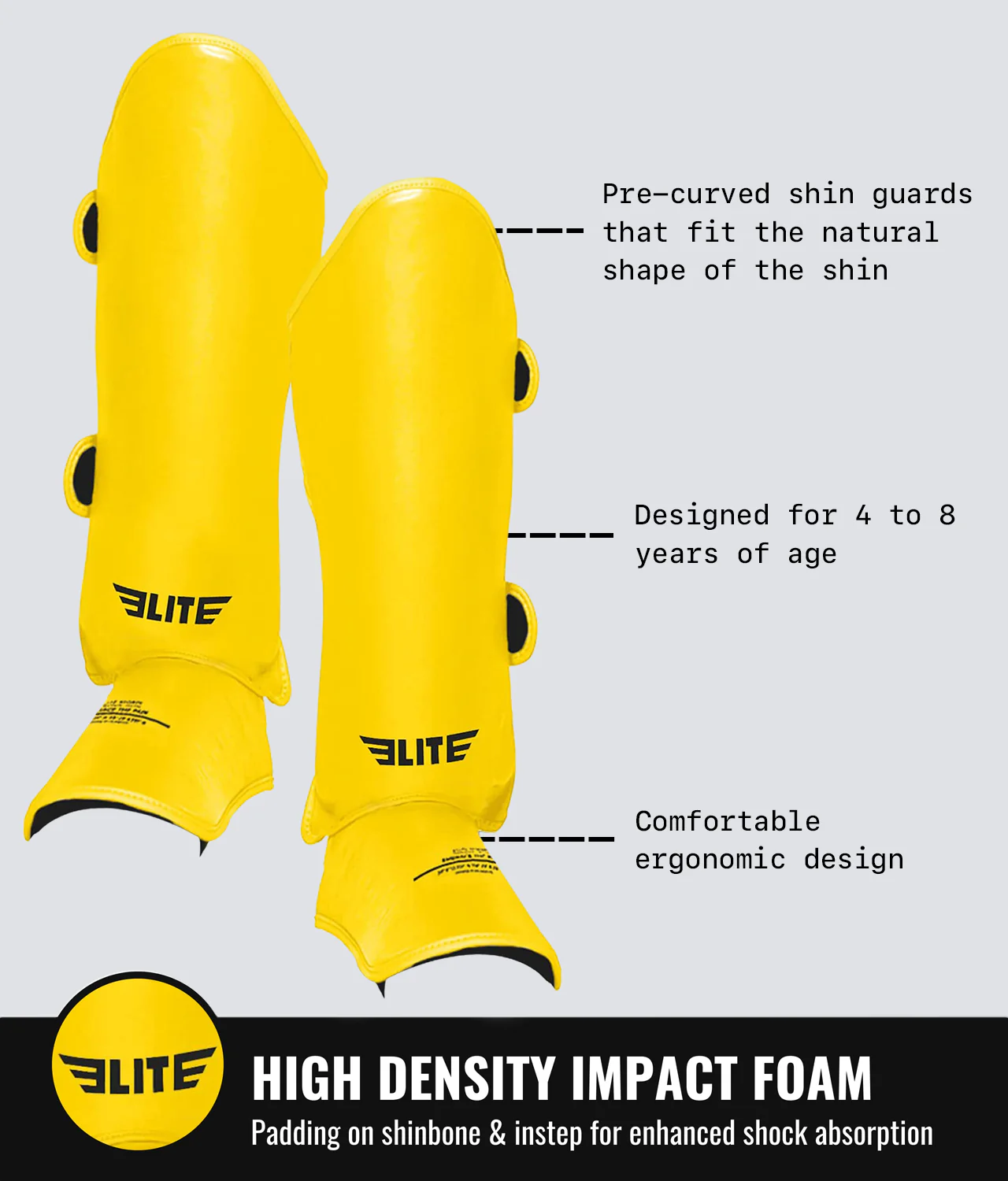 Elite Sports Kids' Plain Yellow Boxing Shin Guard : 7 to 10 Years High Density Impact Foam
