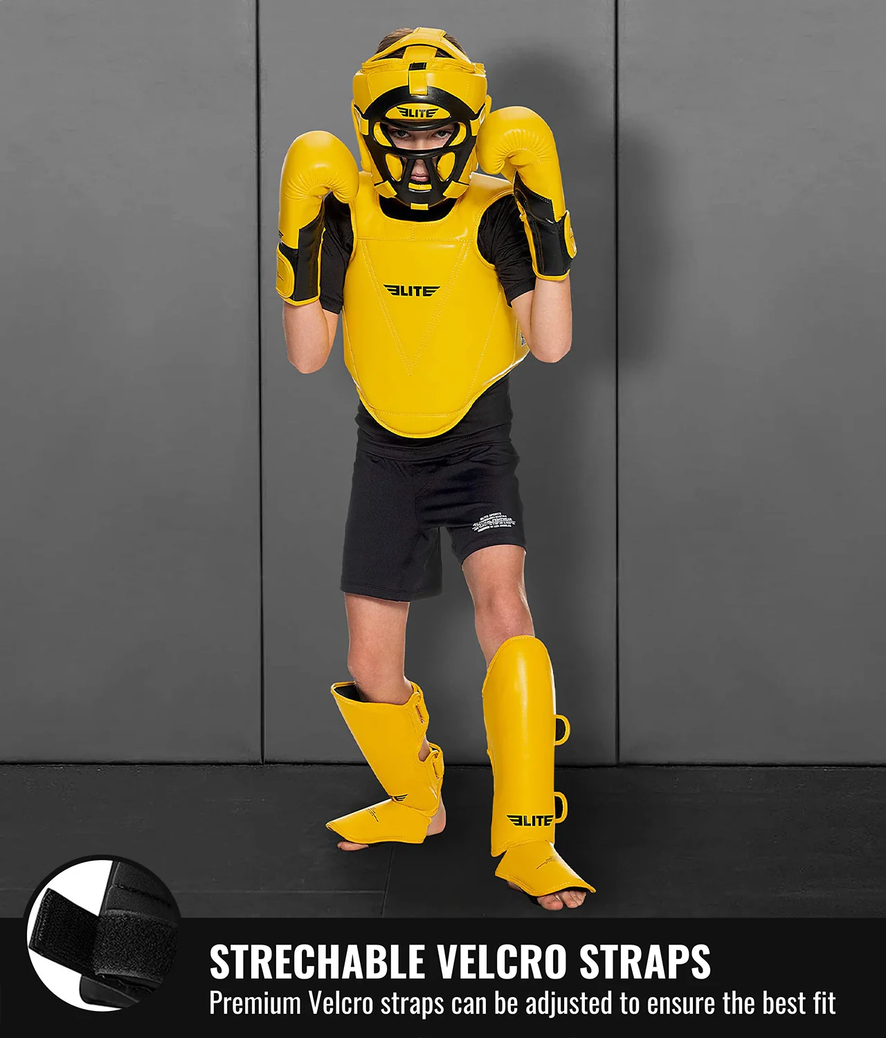 Elite Sports Kids' Plain Yellow Boxing Shin Guard : 7 to 10 Years Strechable Velcro Straps