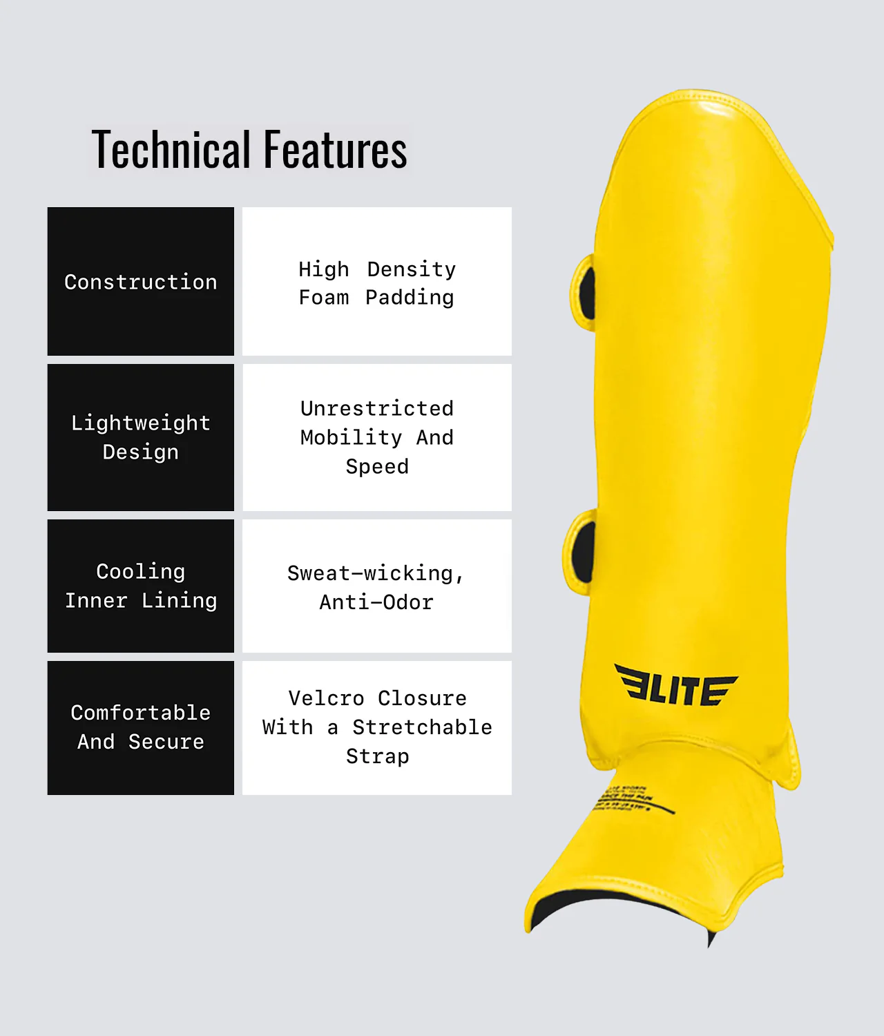 Elite Sports Kids' Plain Yellow Boxing Shin Guard : 7 to 10 Years Technical Features
