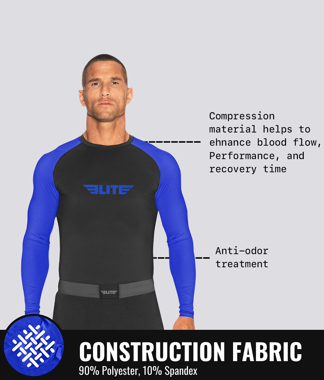 Elite Sports Men's Standard Blue Long Sleeve MMA Rash Guard Construction Fabric
