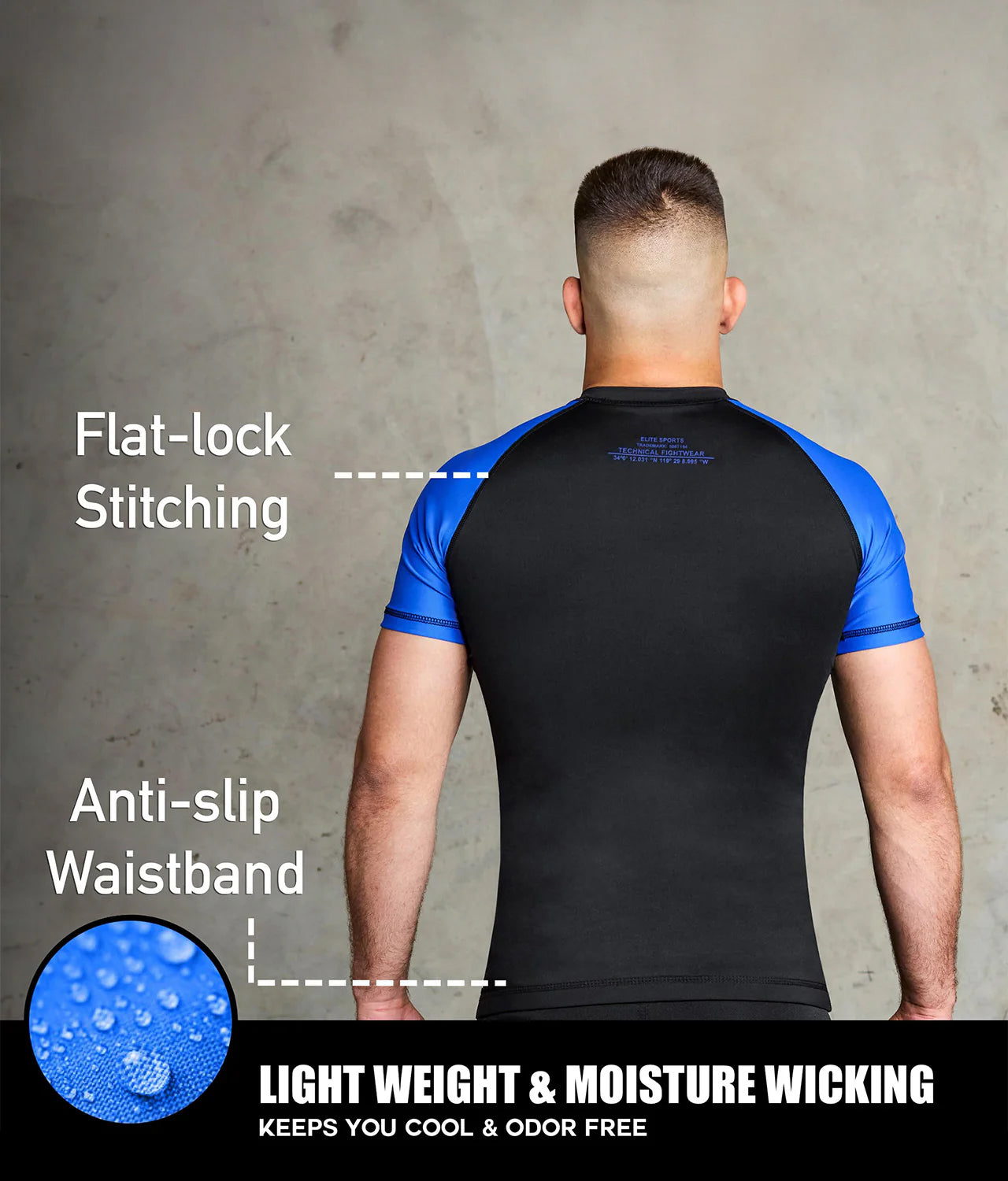elitesports standard blue short sleeve lightweight mens bjj rash guard