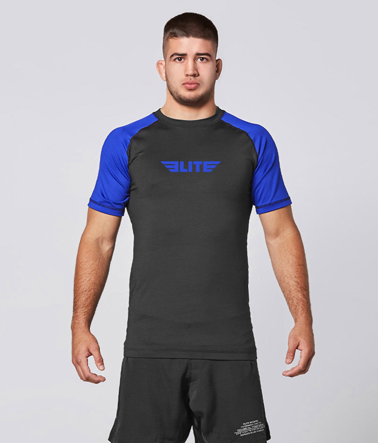 Elite Sports Men's Standard Blue Short Sleeve Jiu Jitsu BJJ Rash Guard Main View
