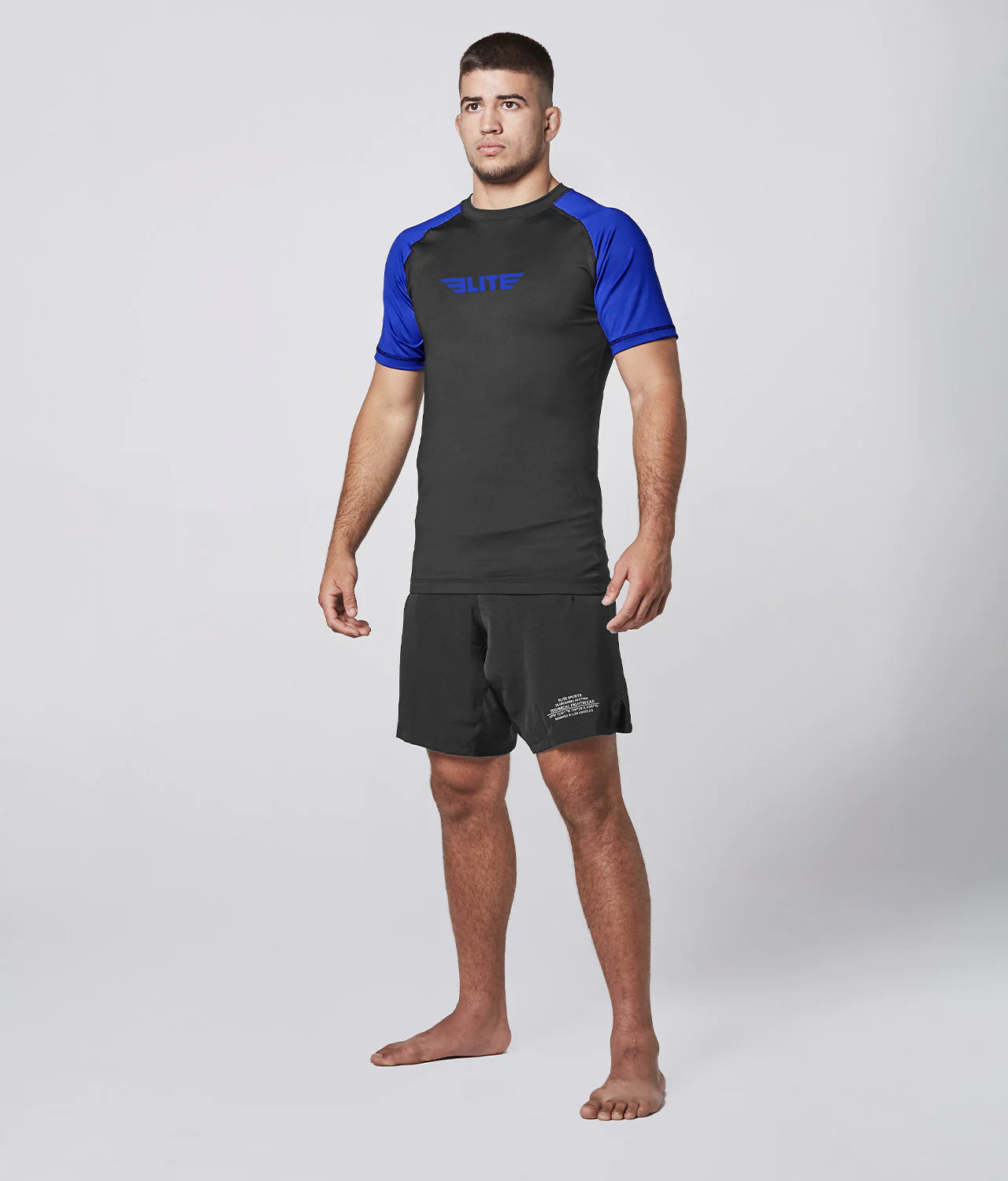 Elite Sports Men's Standard Blue Short Sleeve Jiu Jitsu BJJ Rash Guard Side View