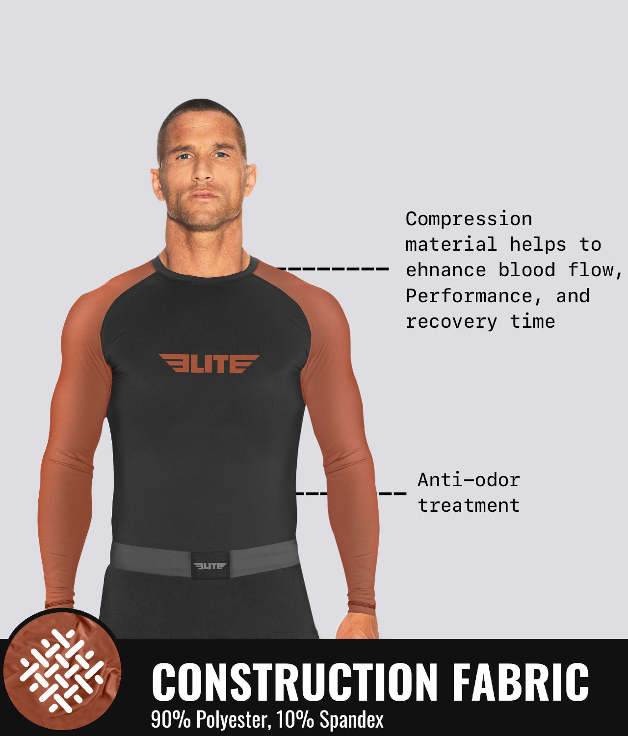 Elite Sports Men's Standard Brown Long Sleeve MMA Rash Guard Construction Fabric