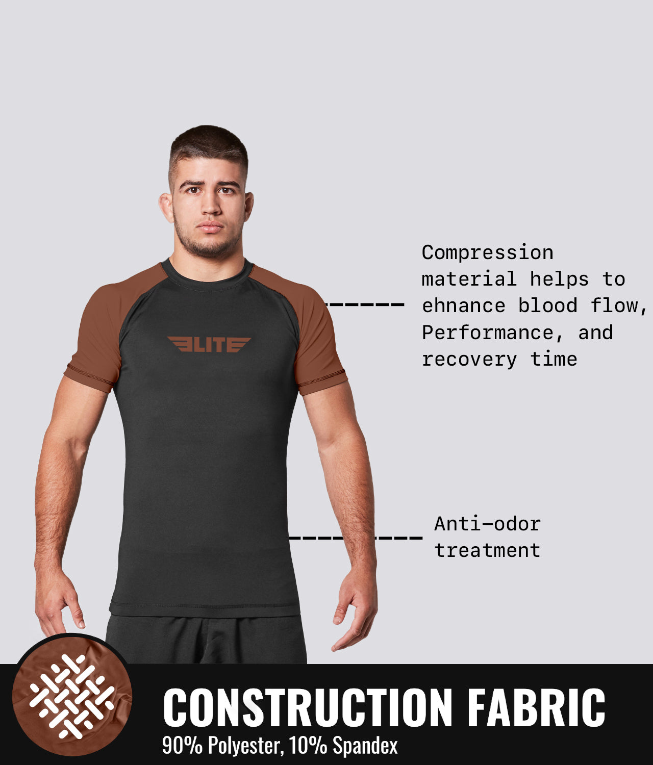 Elite Sports Men's Standard Brown Short Sleeve Jiu Jitsu BJJ Rash Guard Construction Fabric