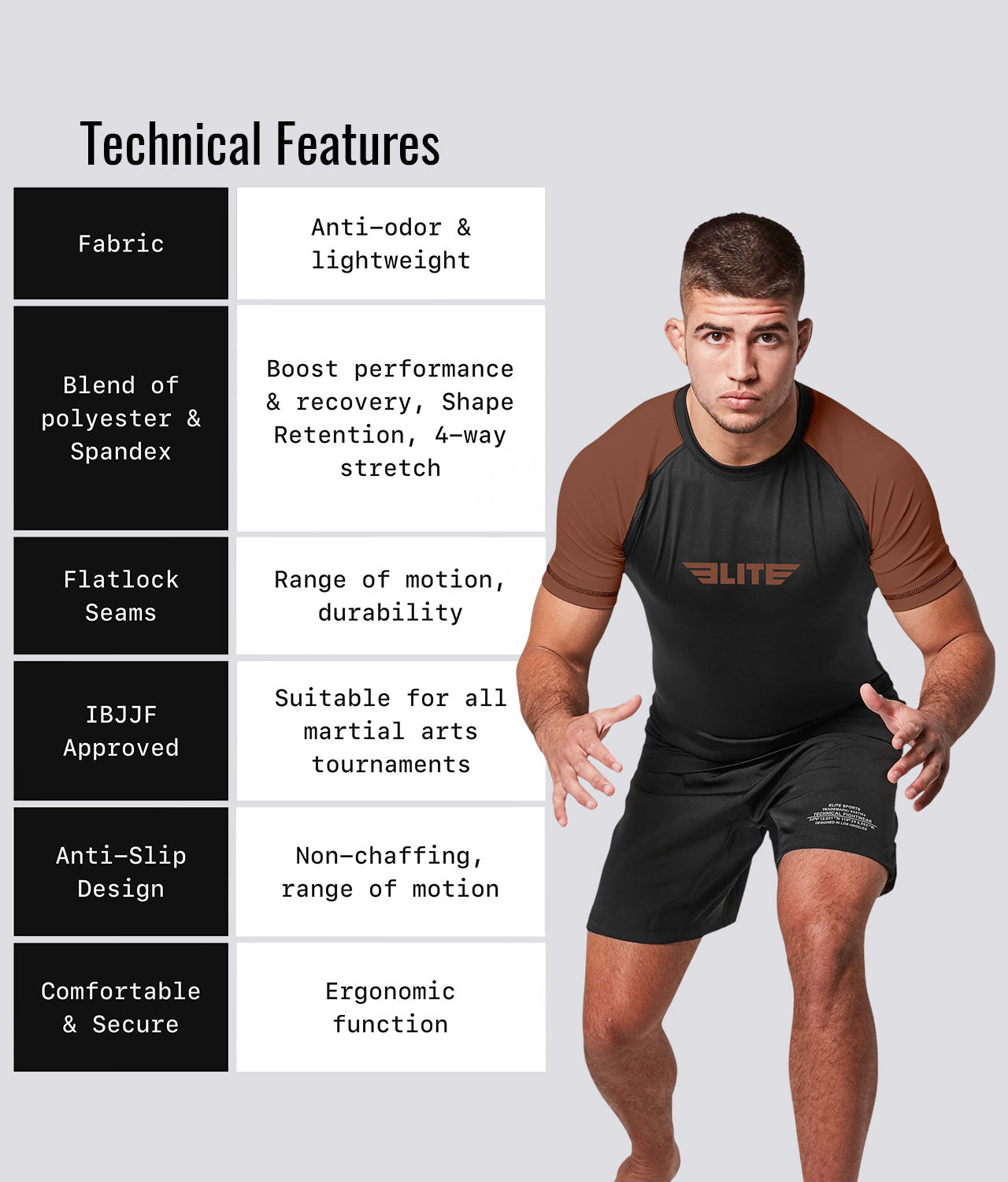 Elite Sports Men's Standard Brown Short Sleeve MMA Rash Guard Technical Features