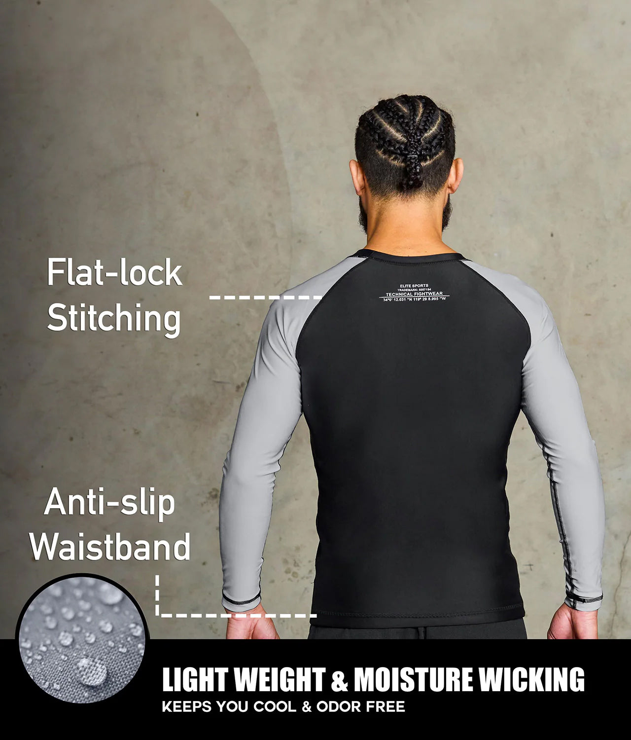 elite sports standard gray long sleeve lightweight mens jiu jitsu rashguard