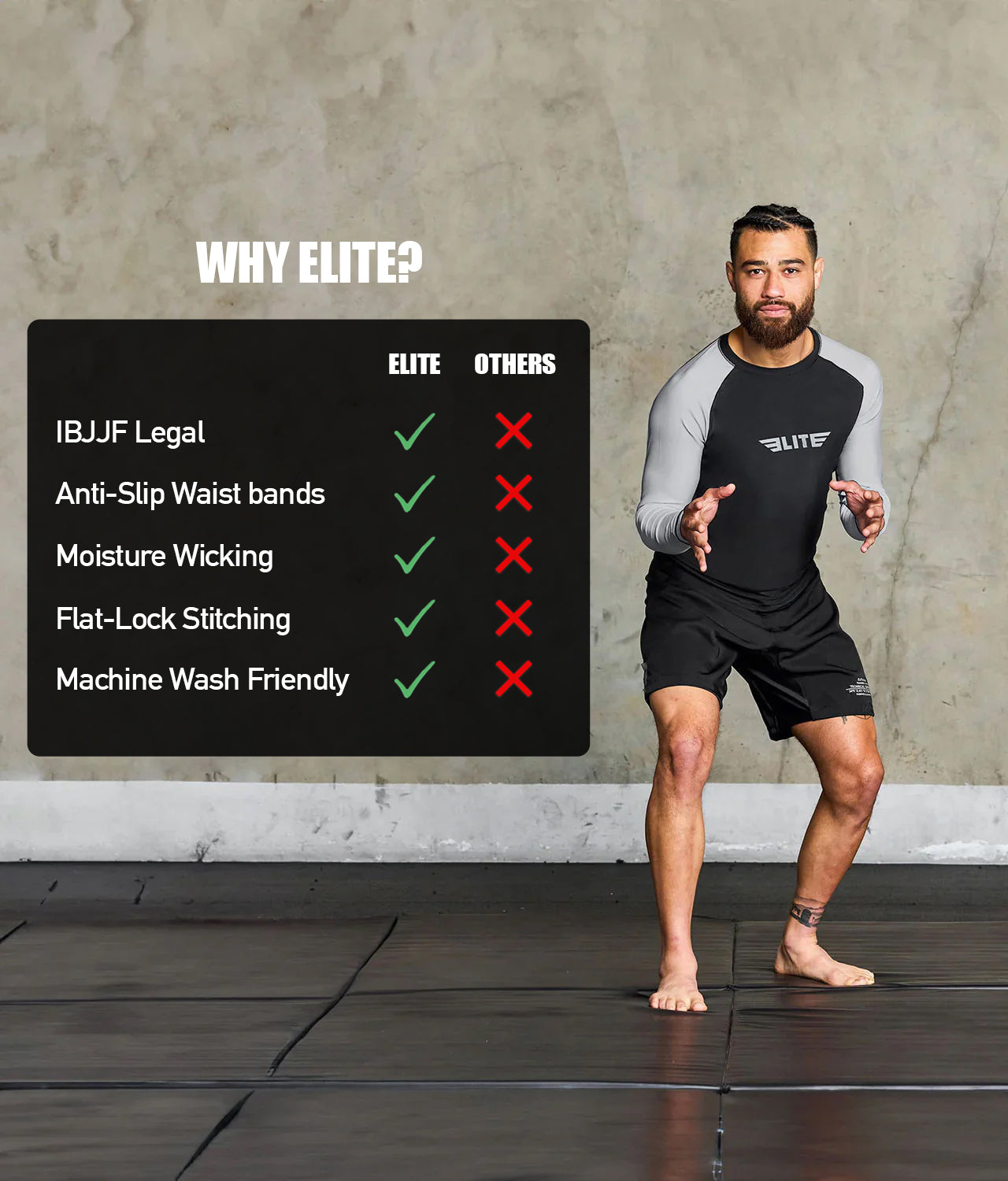 elite sports standard gray long sleeve mens jiu jitsu rash guard technical features