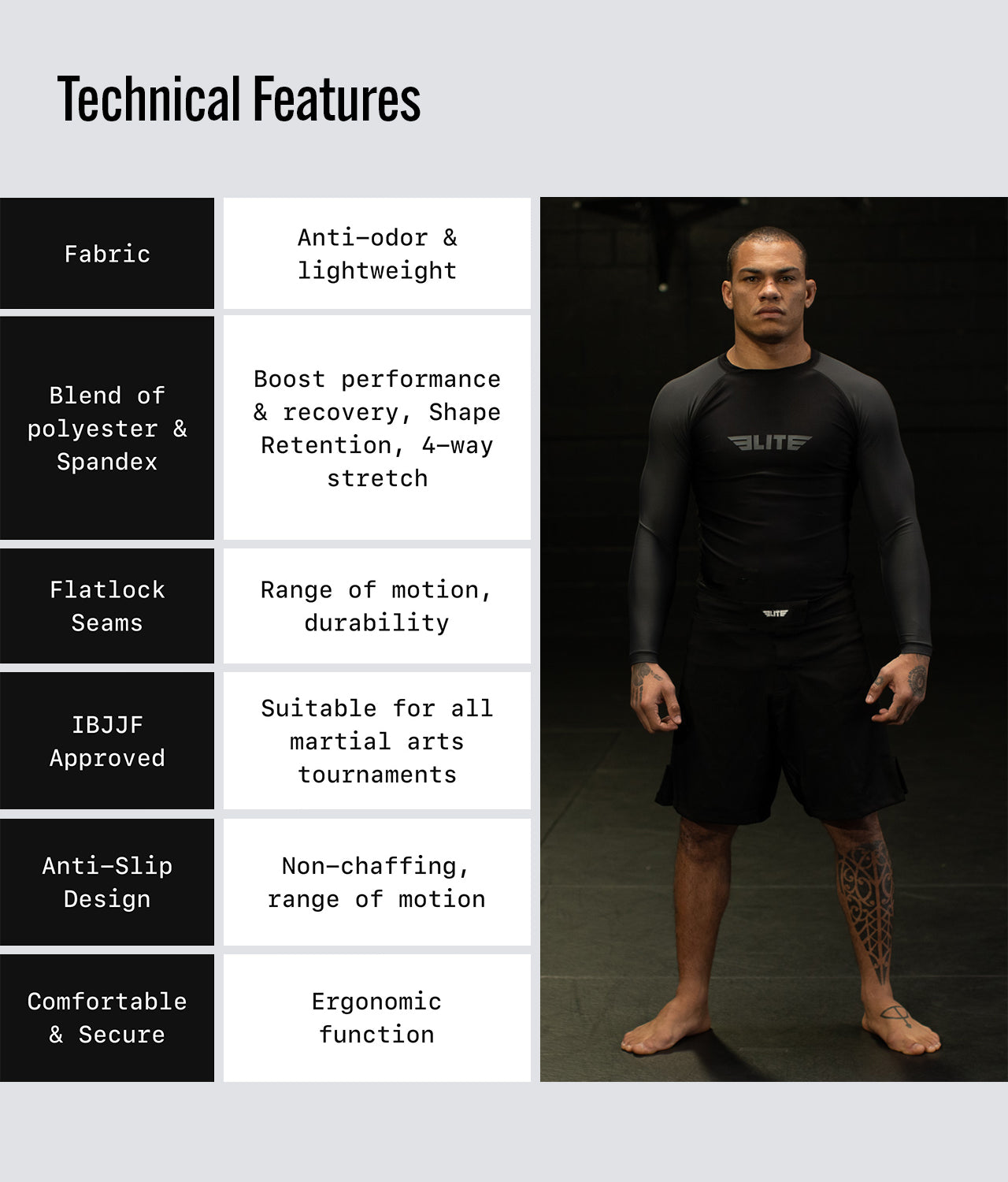 Elite Sports Men's Standard Gray Long Sleeve MMA Rash Guard Technical Features
