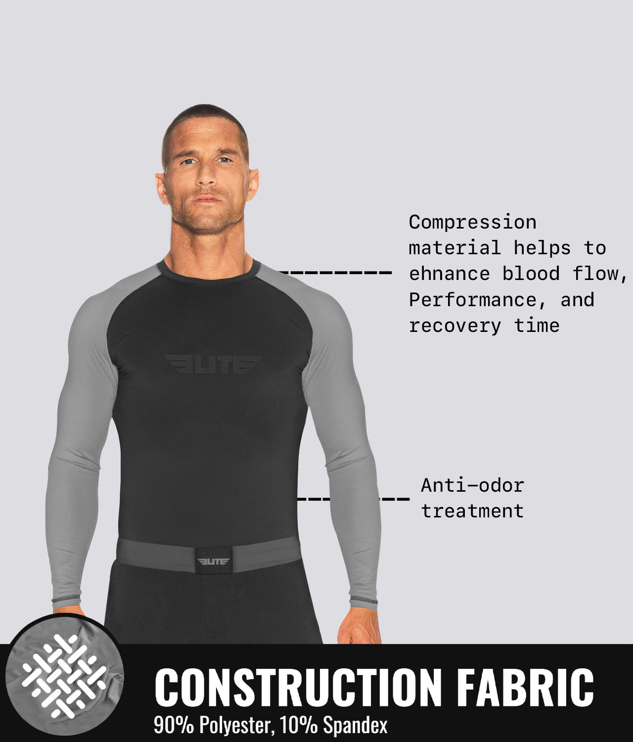 Elite Sports Men's Standard Gray Long Sleeve MMA Rash Guard Construction Fabric