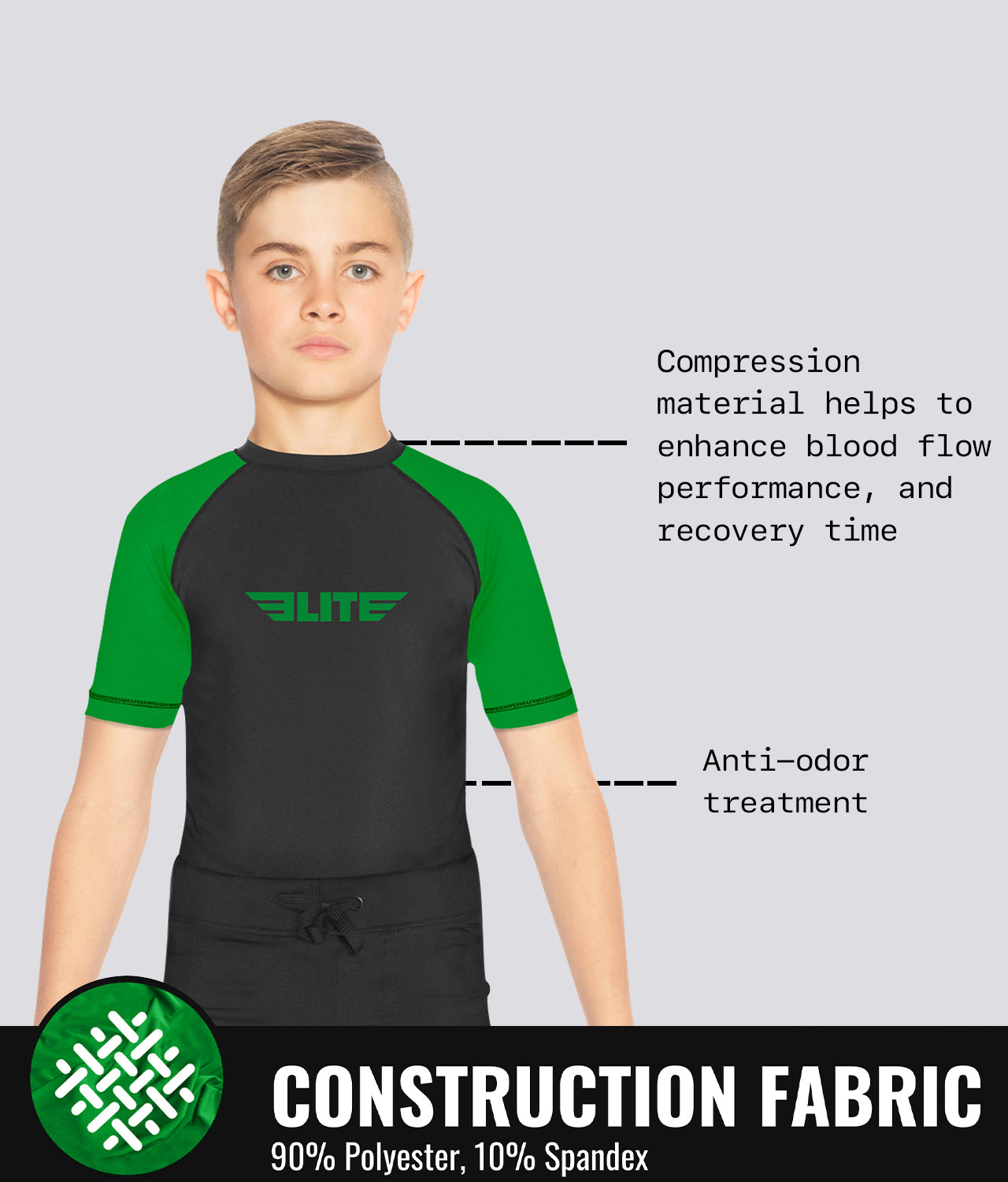 Elite Sports Kids' Standard Green Short Sleeve MMA Rash Guard Construction Fabric