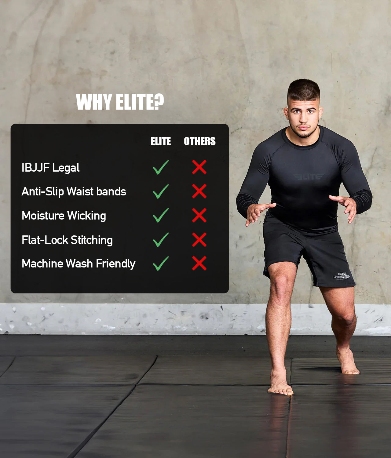 elite sports standard black long sleeve mens jiu jitsu rash guard technical features