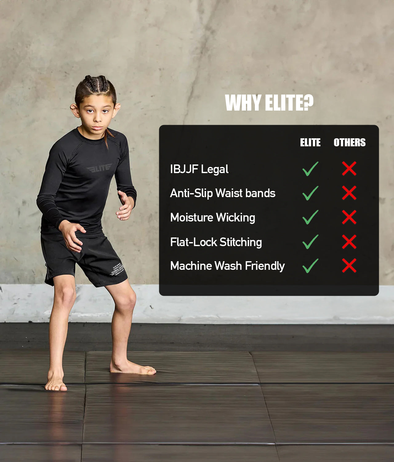 elitesports standard black long sleeve girls jiu jitsu rash guard technical features