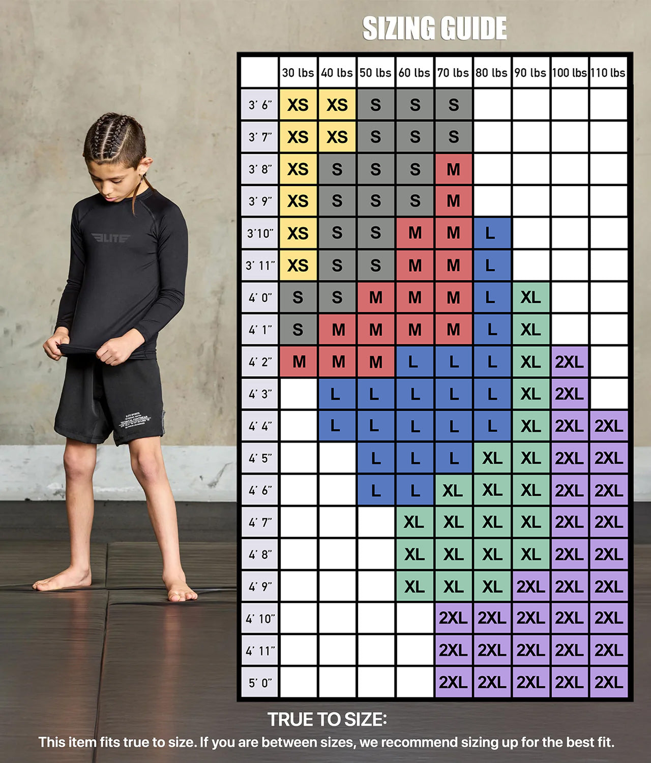 elitesports standard black long sleeve kids jiu jitsu rash guard size chart