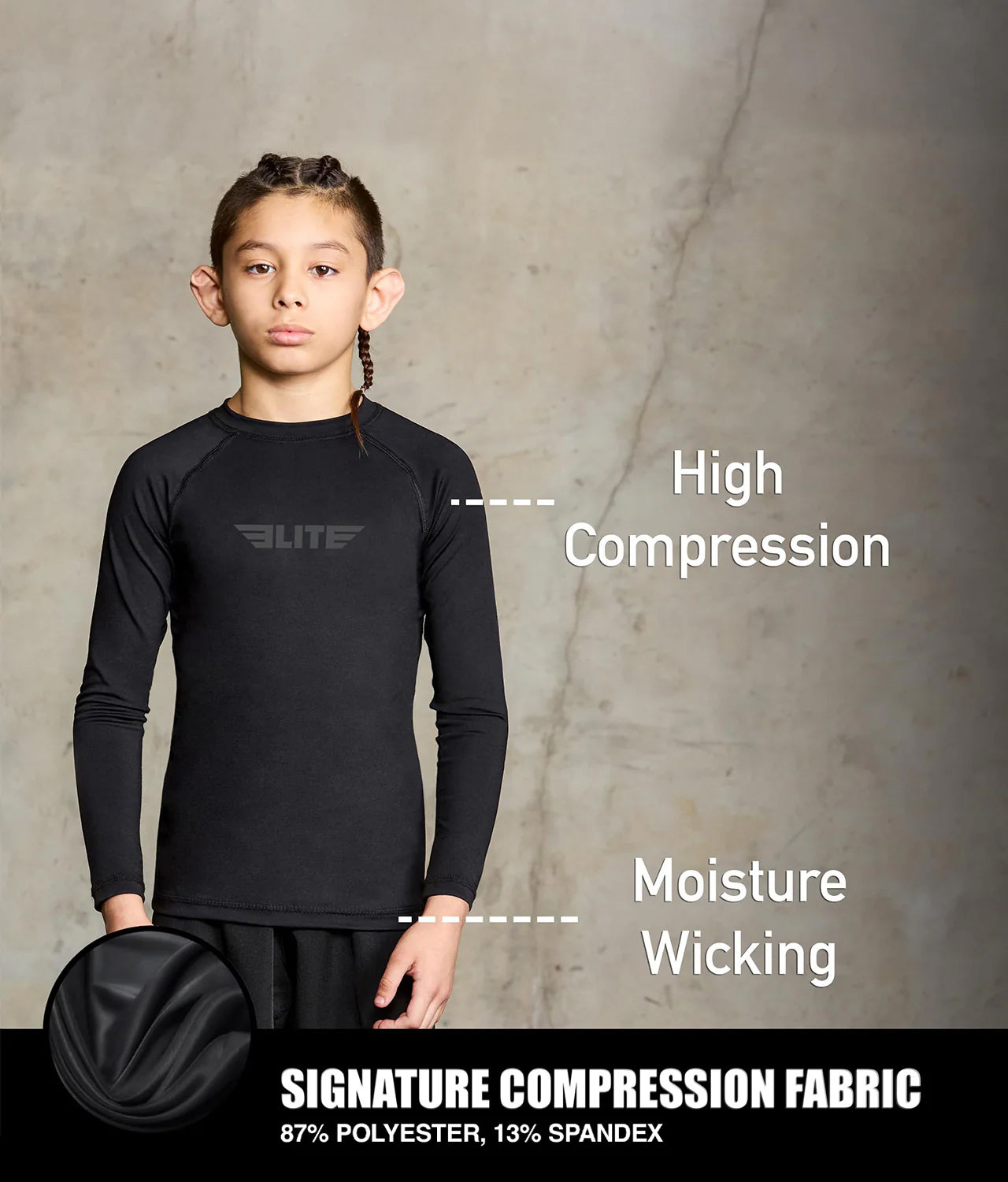 elitesports standard black long sleeve youth jiu jitsu rashguard compression fabric