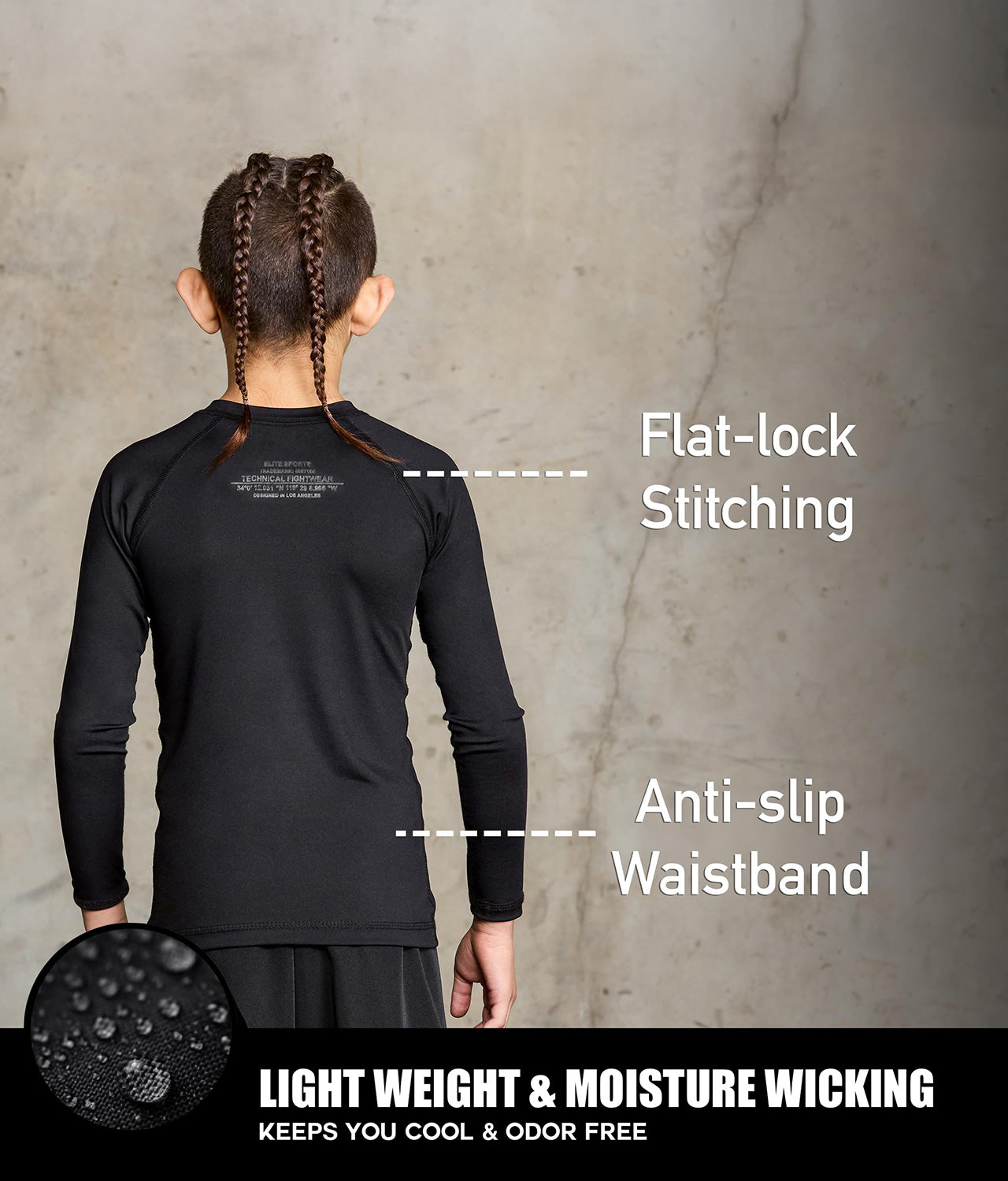 elitesports standard black long sleeve lightweight boys jiu jitsu rashguard