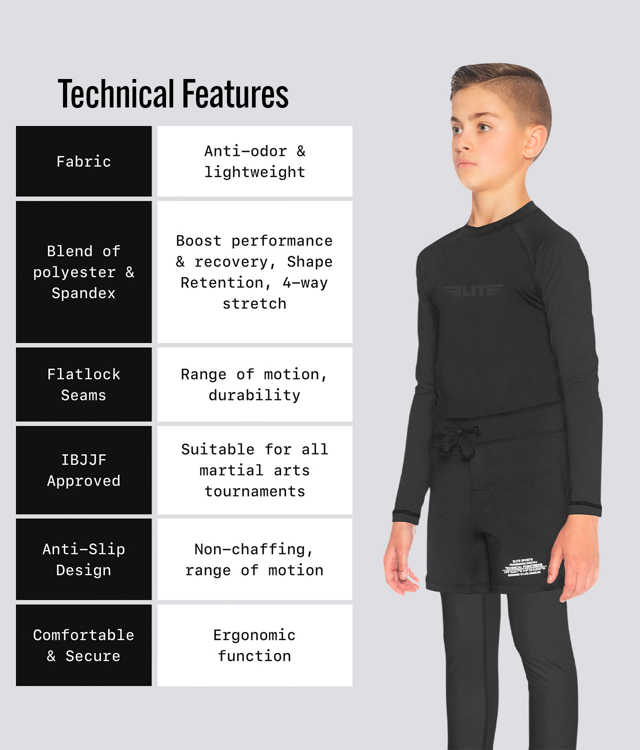 Elite Sports Kids' Standard Black Long Sleeve MMA Rash Guard Technical Features