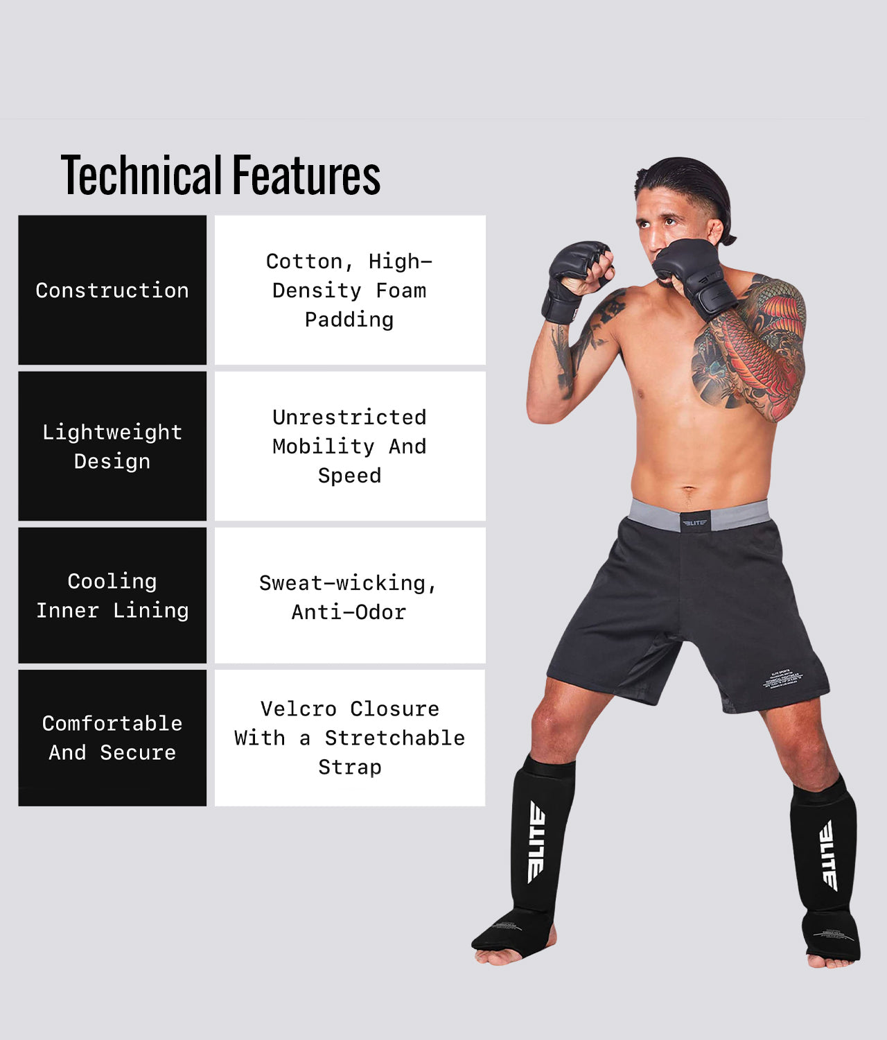 Elite Sports Adults' Standard Black MMA Shin Guards Technical Features
