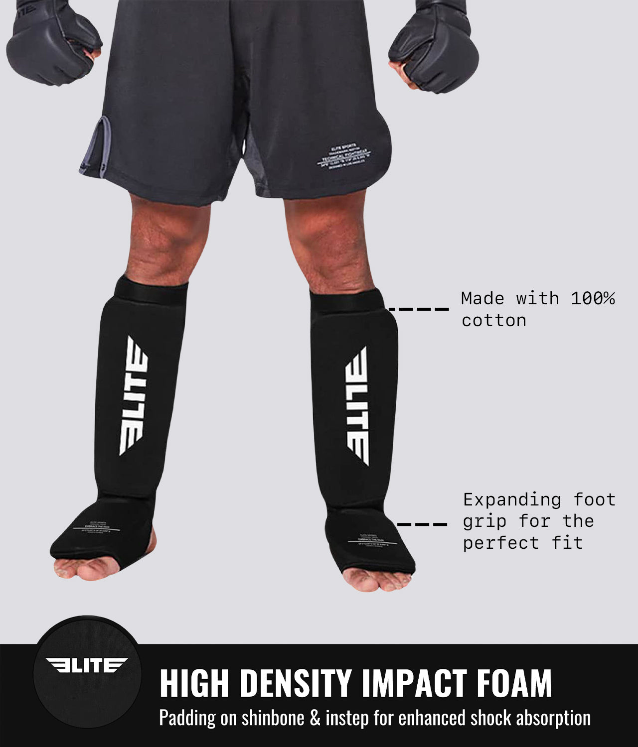 Elite Sports Adults' Standard Black MMA Shin Guards High Density Impact Foam