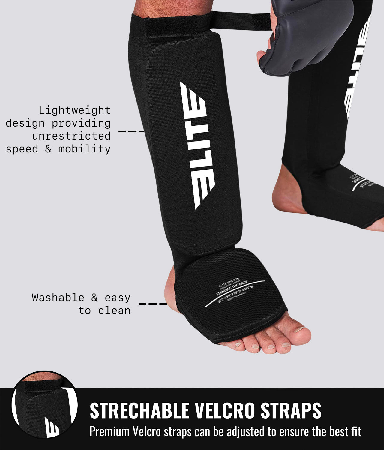 Elite Sports Adults' Standard Black MMA Shin Guards Strechable  Velcro Straps