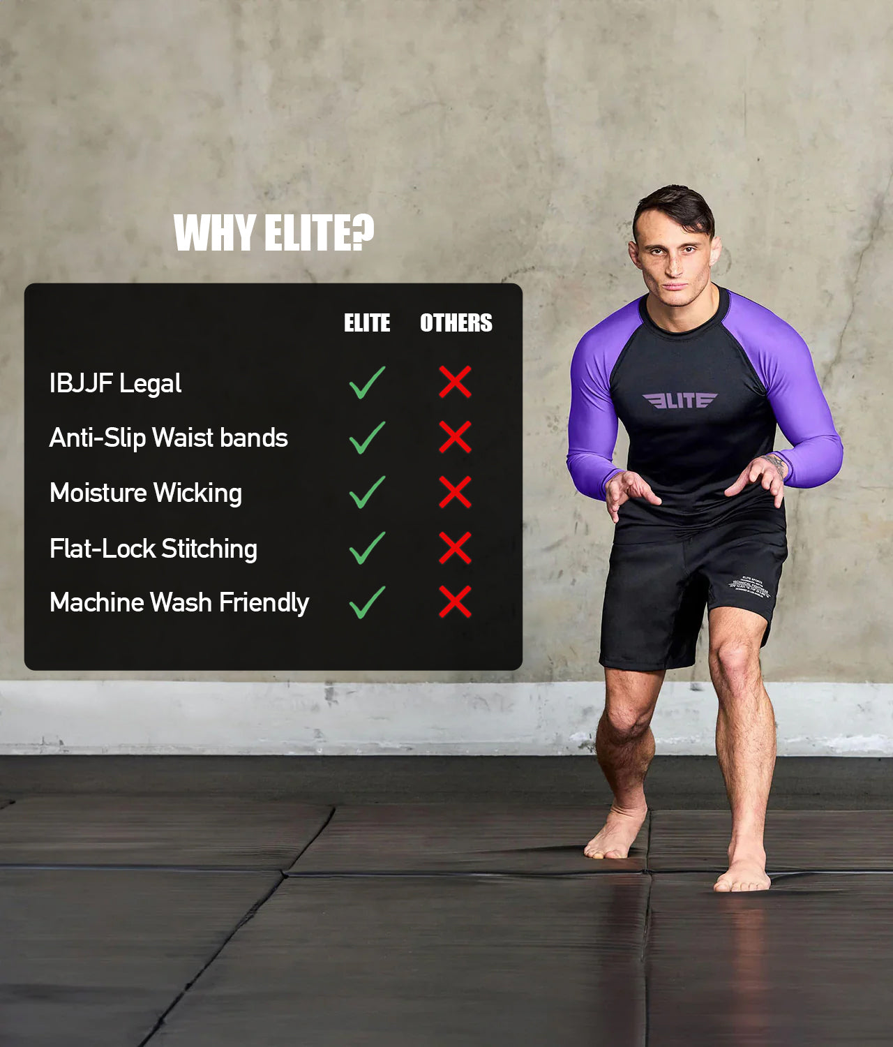 elite sports standard purple long sleeve mens jiu jitsu rash guard technical features
