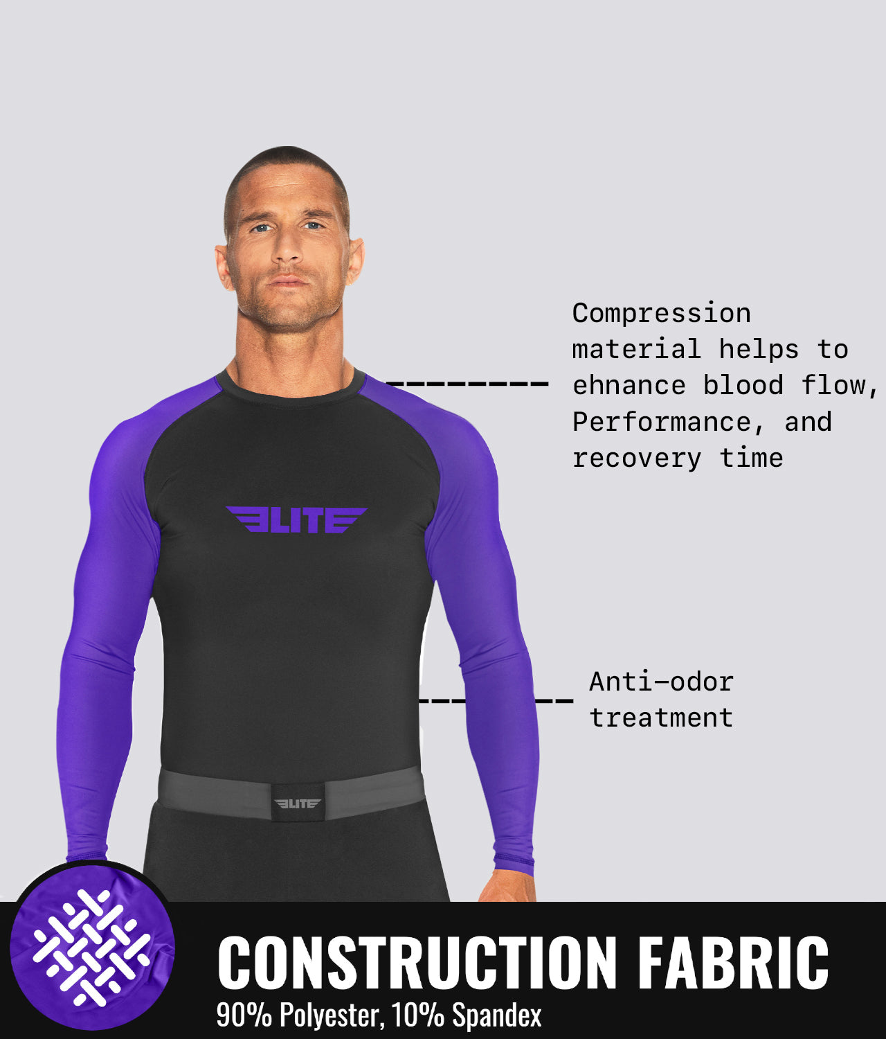 Elite Sports Men's Standard Purple Long Sleeve MMA Rash Guard Construction Fabric