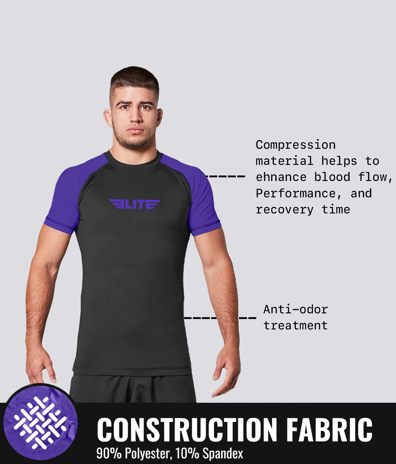 Elite Sports Men's Standard Purple Short Sleeve MMA Rash Guard Construction Fabric