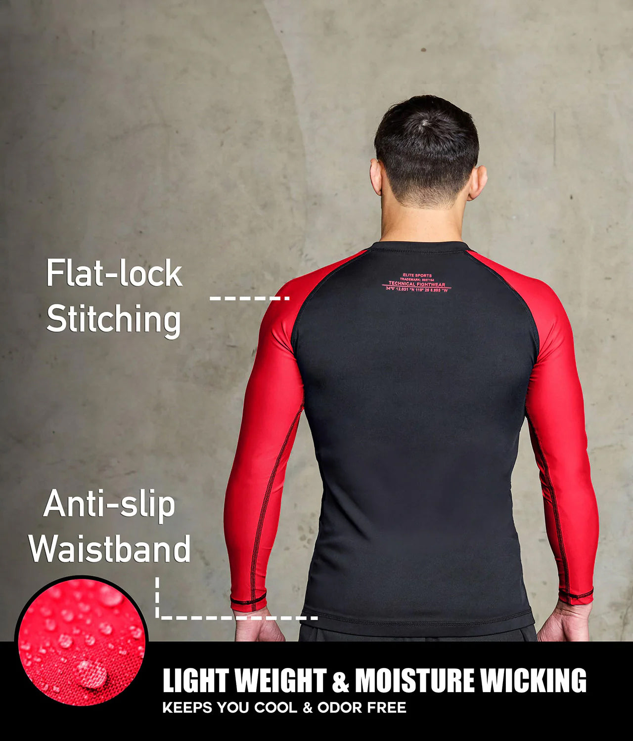 elite sports standard red long sleeve lightweight mens jiu jitsu rashguard