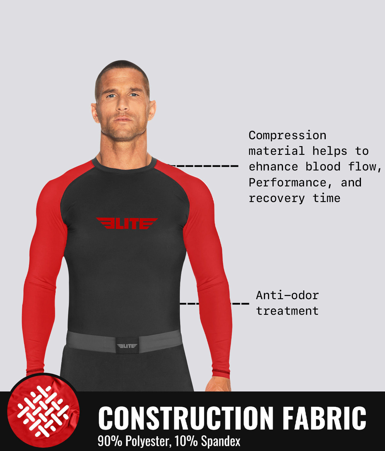 Elite Sports Men's Standard Red Long Sleeve MMA Rash Guard Construction Fabric
