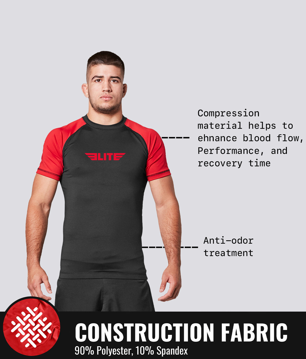 Elite Sports Men's Standard Red Short Sleeve MMA Rash Guard Construction Fabric