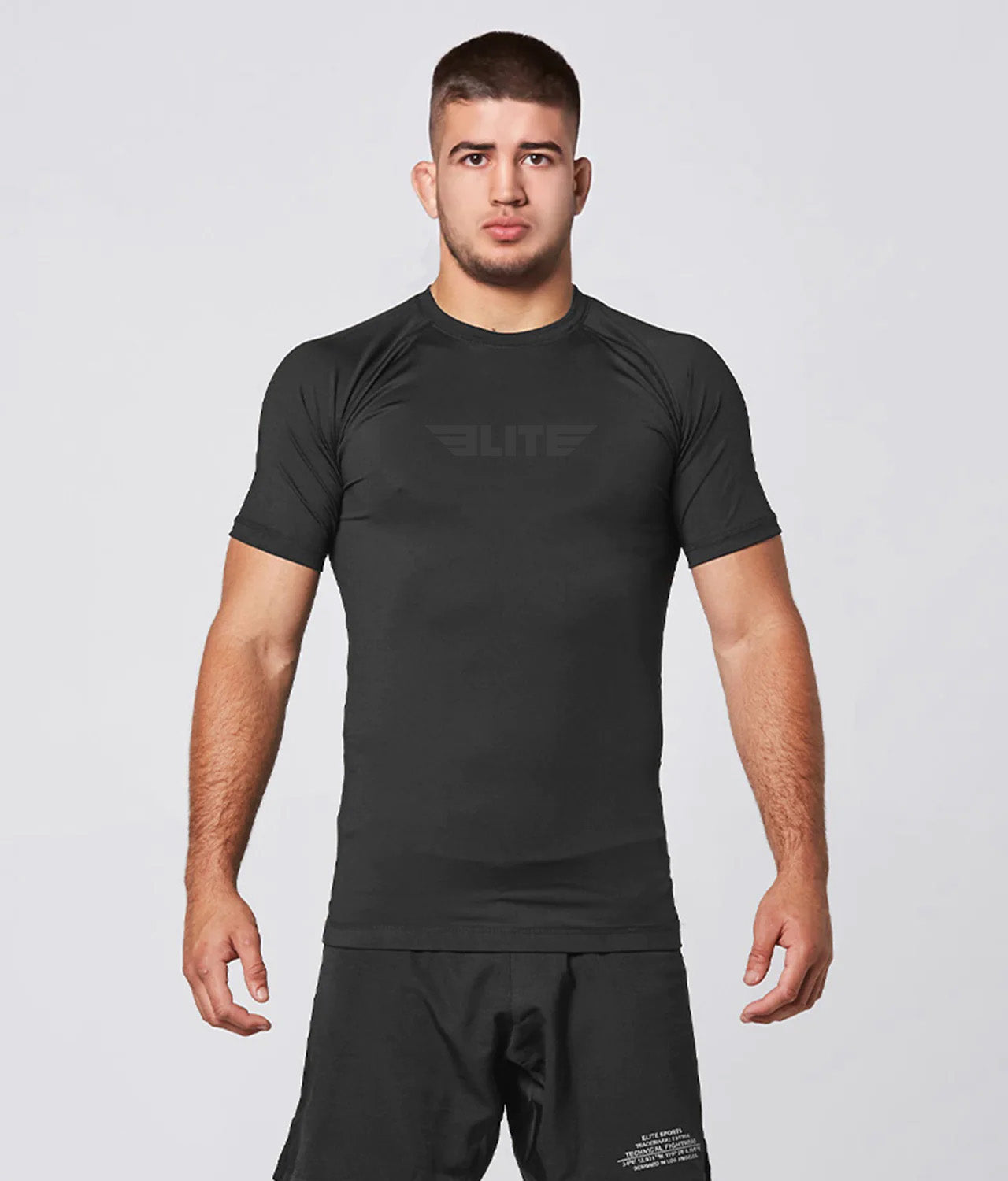 Elite Sports Men's Standard Black Short Sleeve Jiu Jitsu BJJ Rash Guard Main View